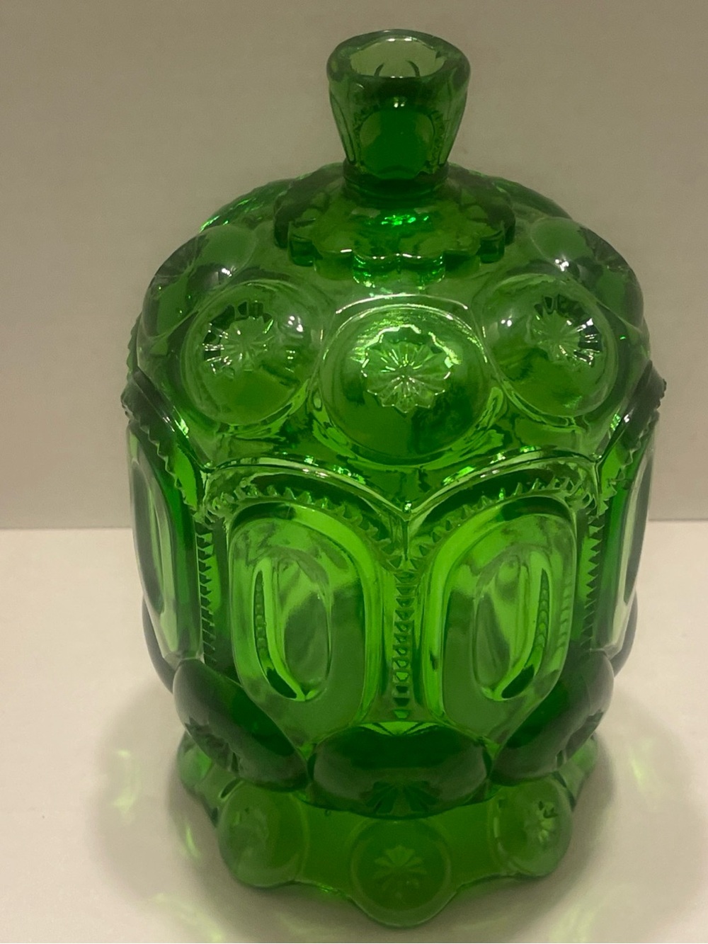 LE Smith Vintage Moon & Stars Green Glass Biscuit/Candy Jar
